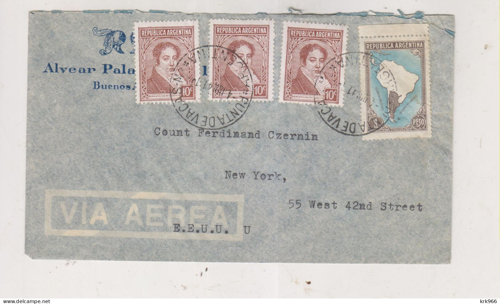 ARGENTINA  PUNTA DE VACAS  1941  Airmail  Cover To UNITED STATES - Lettres & Documents