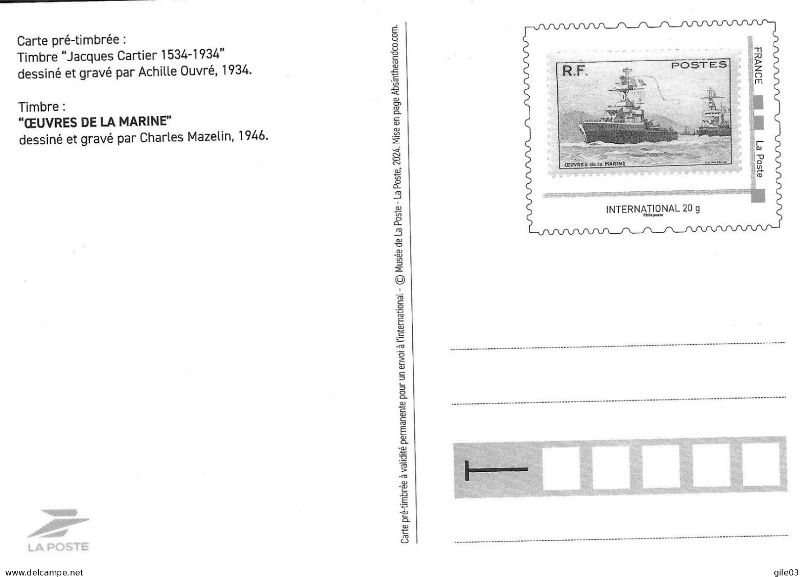 FRANCE CARTE PRETIMBREE INTERNATIONAL  1er TRIMESTRE 2024** JACQUES CARTIER  RESERVEE AUX MEMBRES DU CLUB PHILAPOSTE - Kartenbriefe