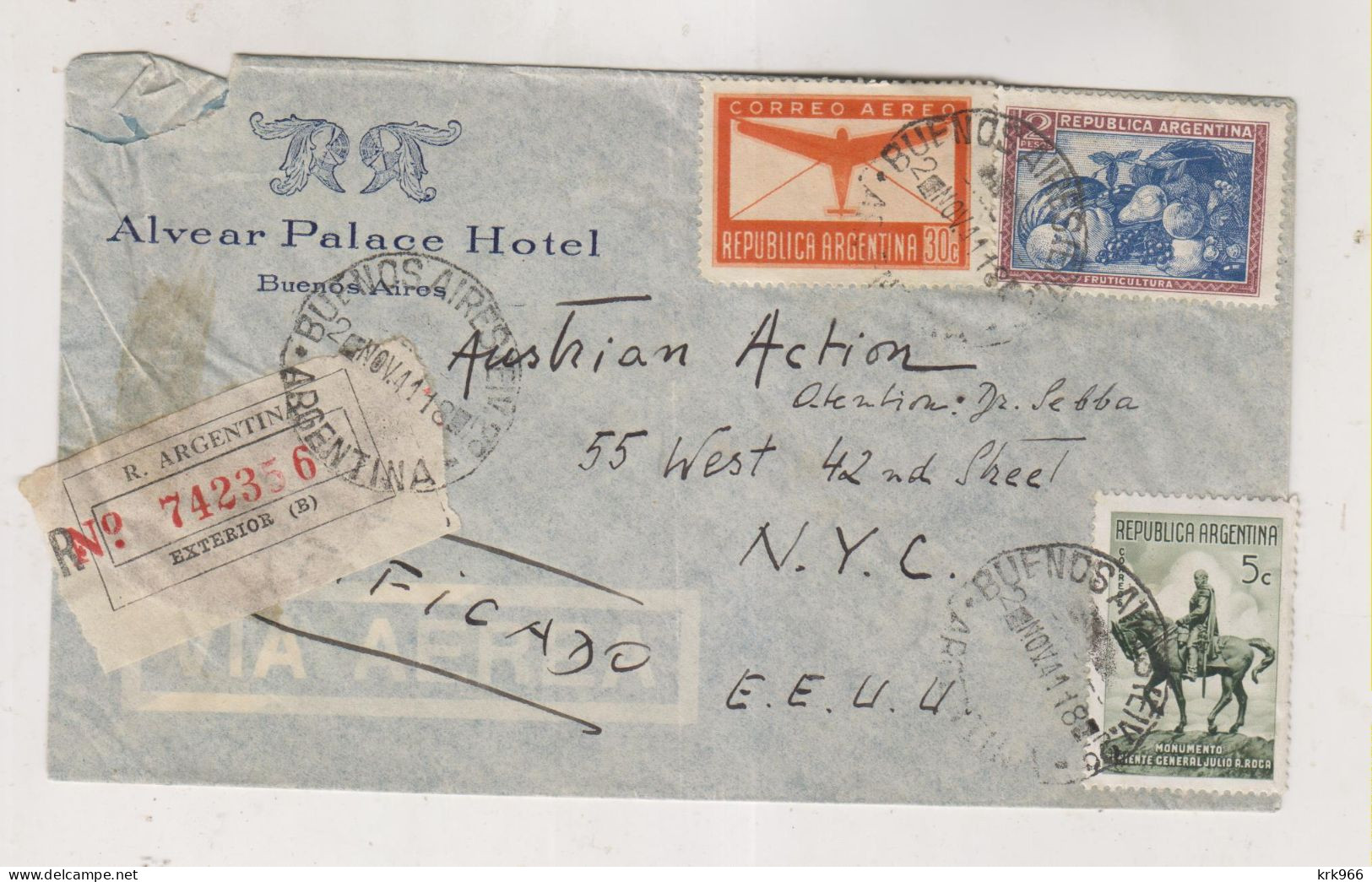 ARGENTINA  BUENOS AIRES 1941 Registered  Airmail  Cover To UNITED STATES - Lettres & Documents