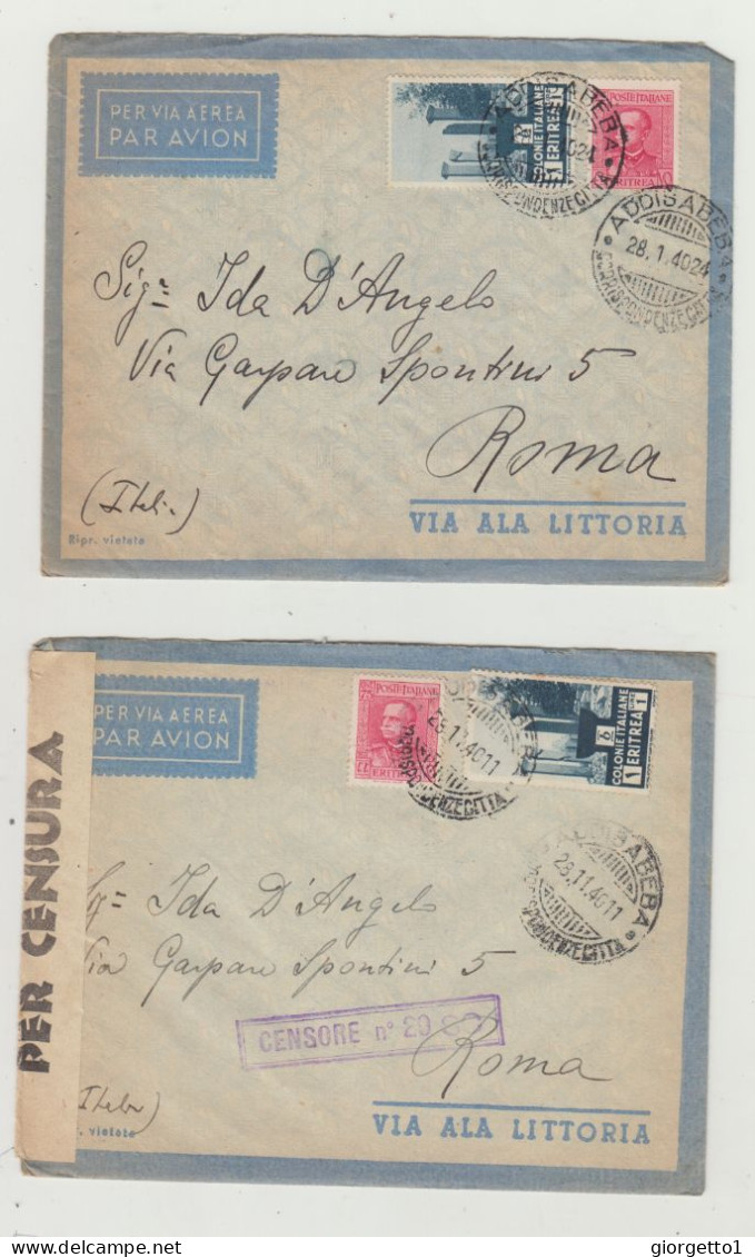 BUSTA CON LETTERA - VIA ALA LITTORIA -LOTTO DI 2 - ADDIS ABEBA - ERITREA DEL 1940 VERSO ROMA WW2 - Storia Postale (Posta Aerea)