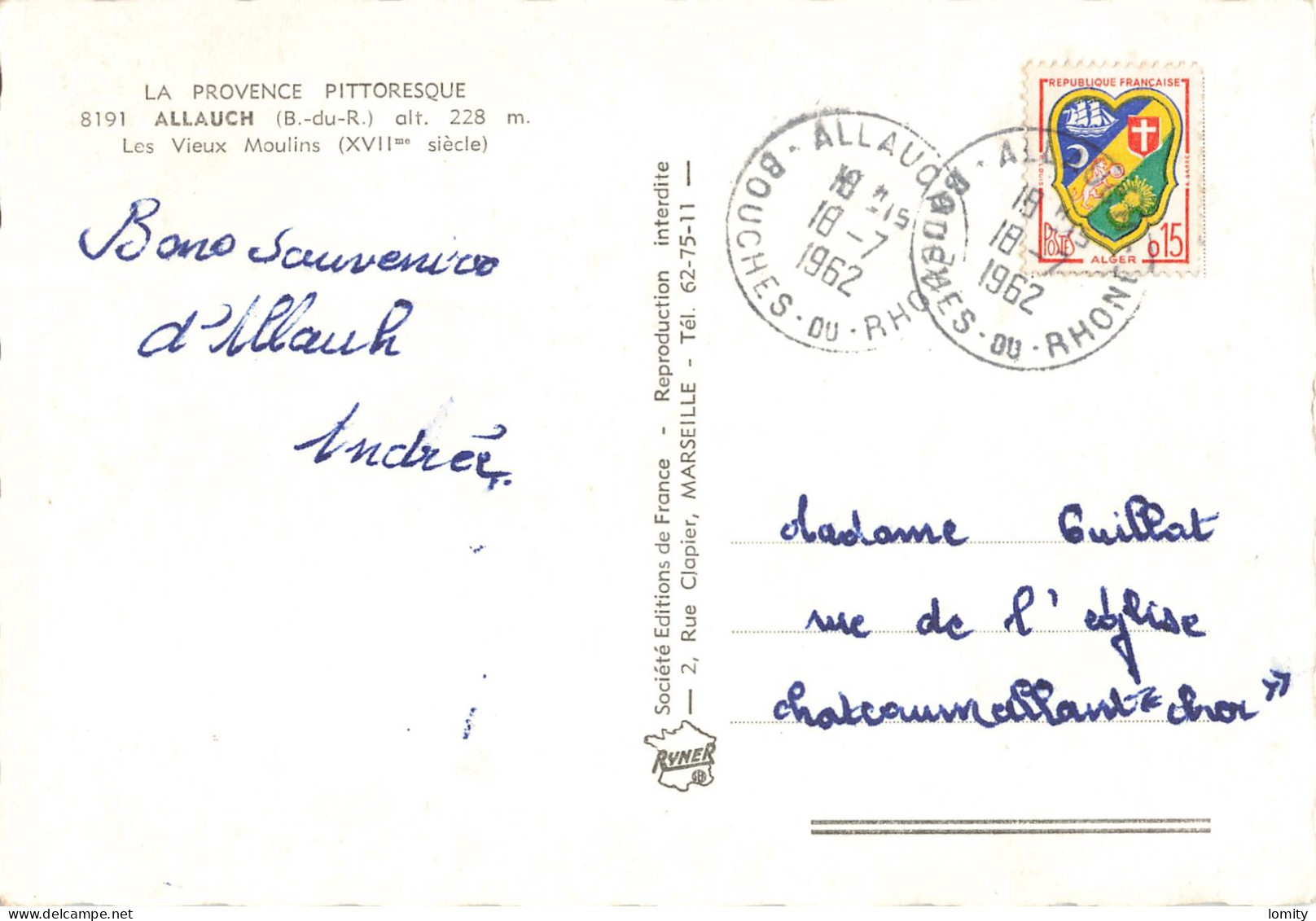 13 Allauch Les Vieux Moulins CPSM GF Cachet Allauch 1962 - Allauch