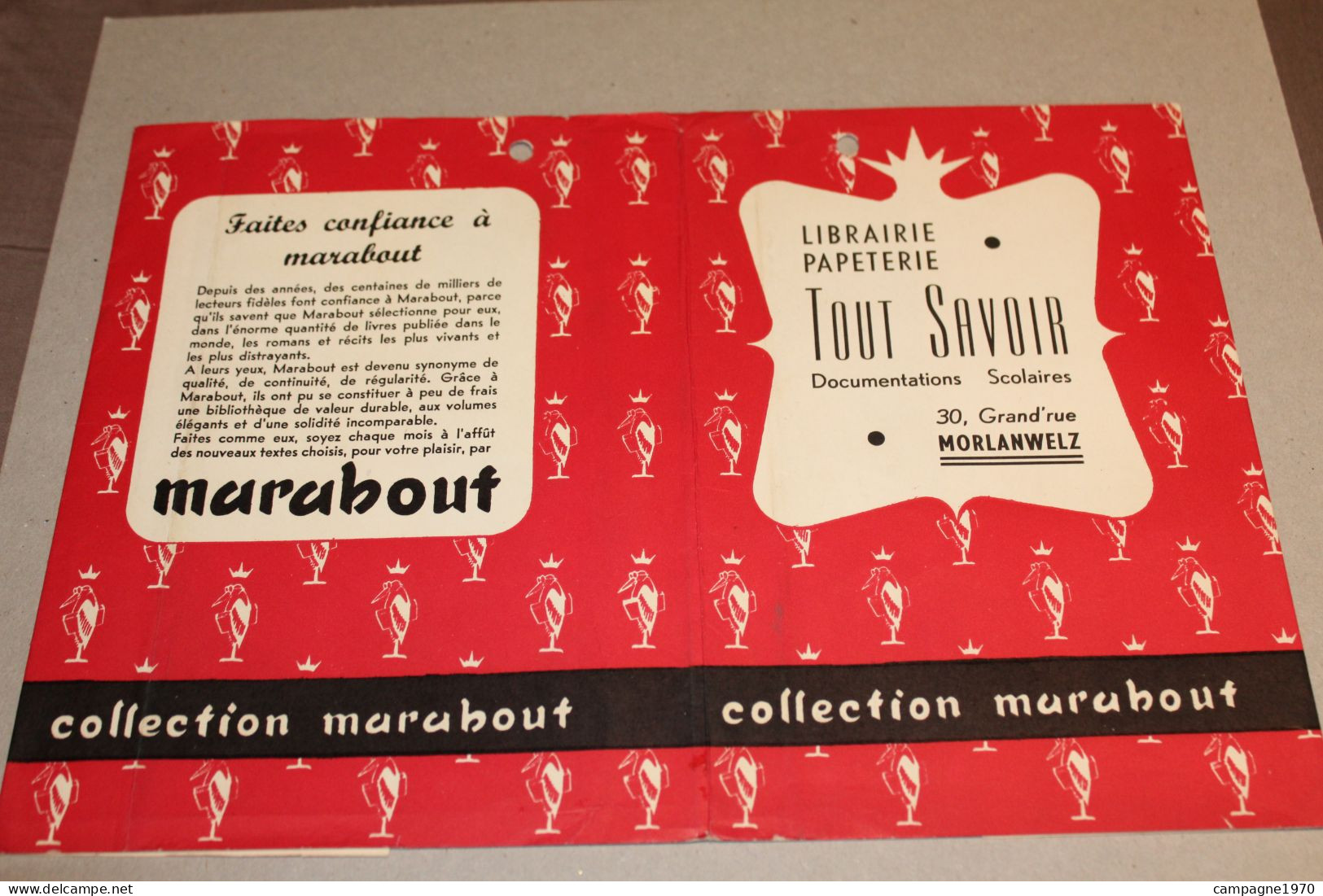ANCIEN PROTEGE CAHIER - MORLANWELZ - LIBRAIRIE " TOUT SAVOIR " - COLLECTION MARABOUT ( VERS 1950 ?? ) - Stationeries (flat Articles)