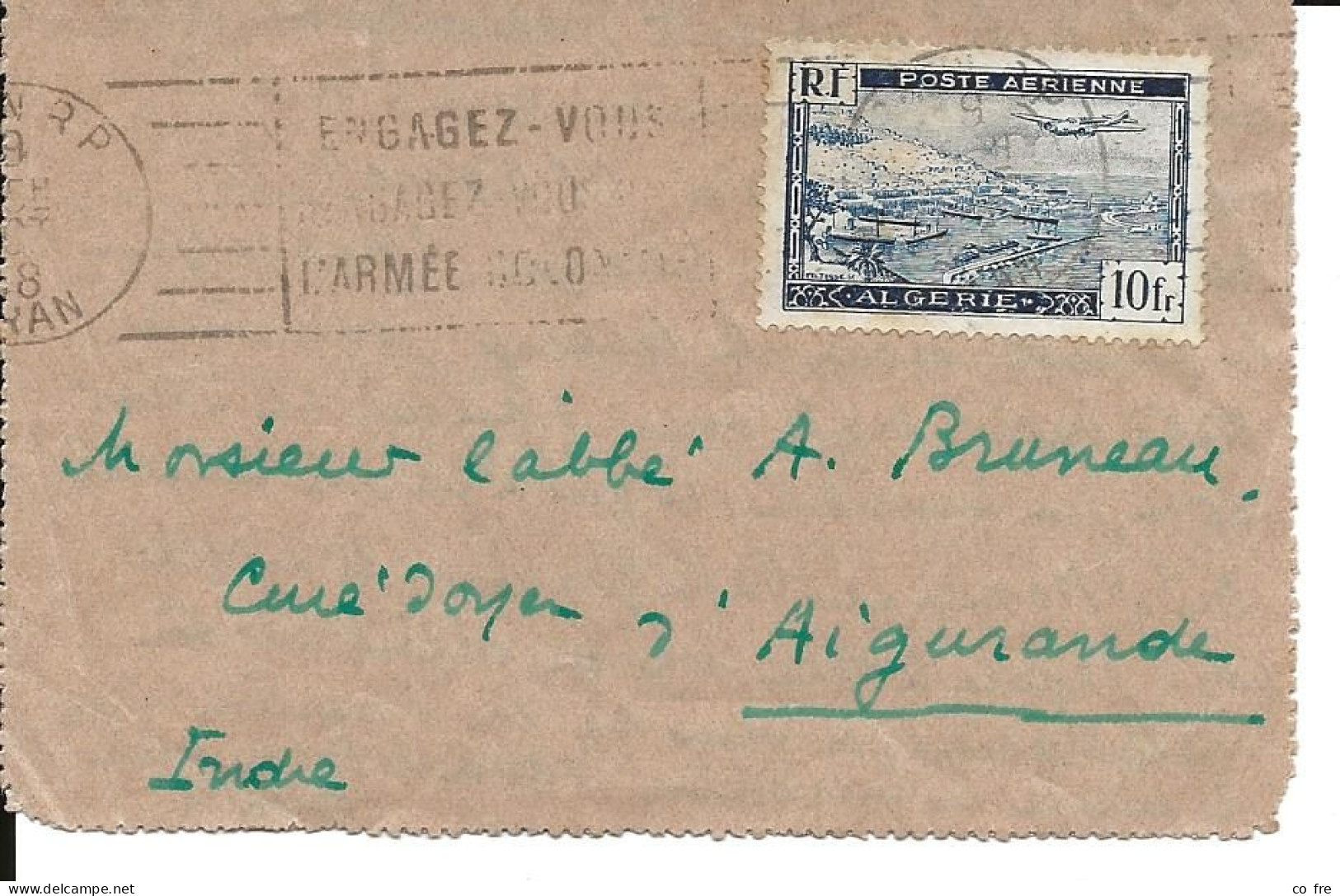 Algérie: Petite Lettre D'Oran Pour Aigurande (affranchissement 10f Rade D'Alger) - Storia Postale