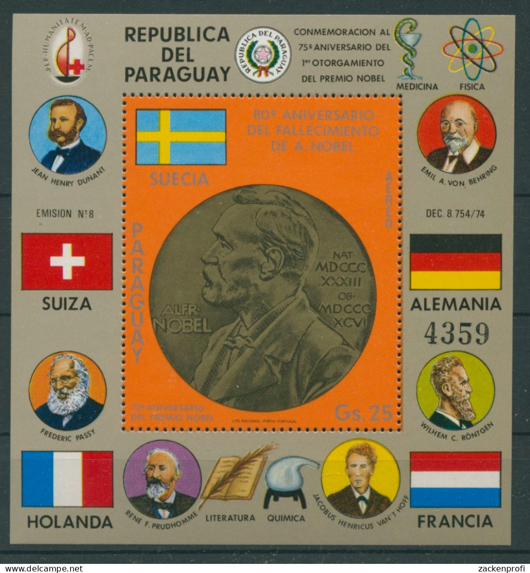 Paraguay 1977 80. Geburtstag Alfred Nobel Block 297 Postfrisch (C22638) - Paraguay