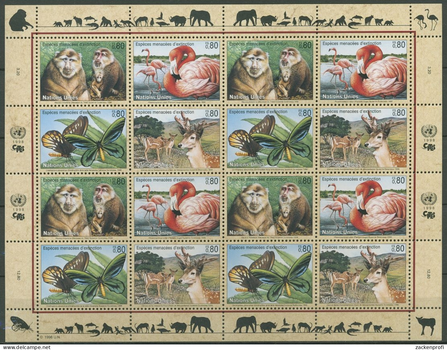 UNO Genf 1998 Gefährdete Arten: Tiere 330/33 ZD-Bogen Postfrisch (C14242) - Blocks & Sheetlets