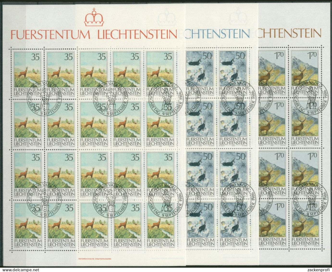 Liechtenstein 1986 Jagdwesen Kompletter Bogen 907/09 Gestempelt (C16225) - Blocs & Feuillets