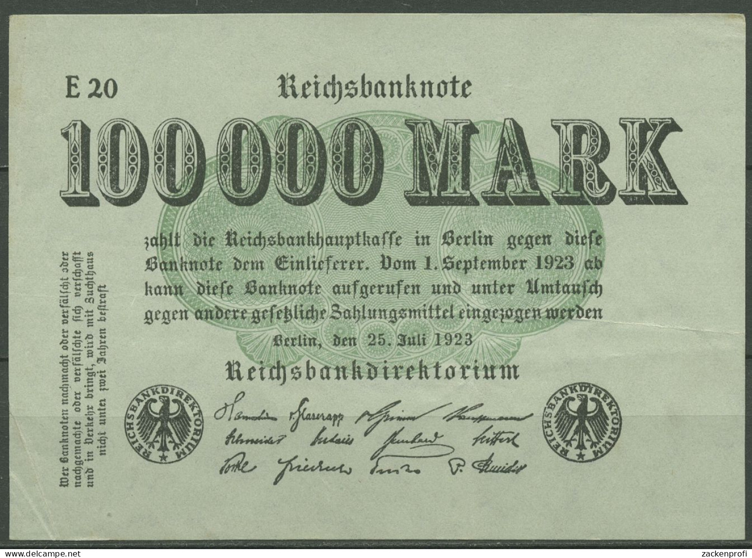 Dt. Reich 100000 Mark 1923, DEU-102b FZ E, Gebraucht (K1330) - 100.000 Mark