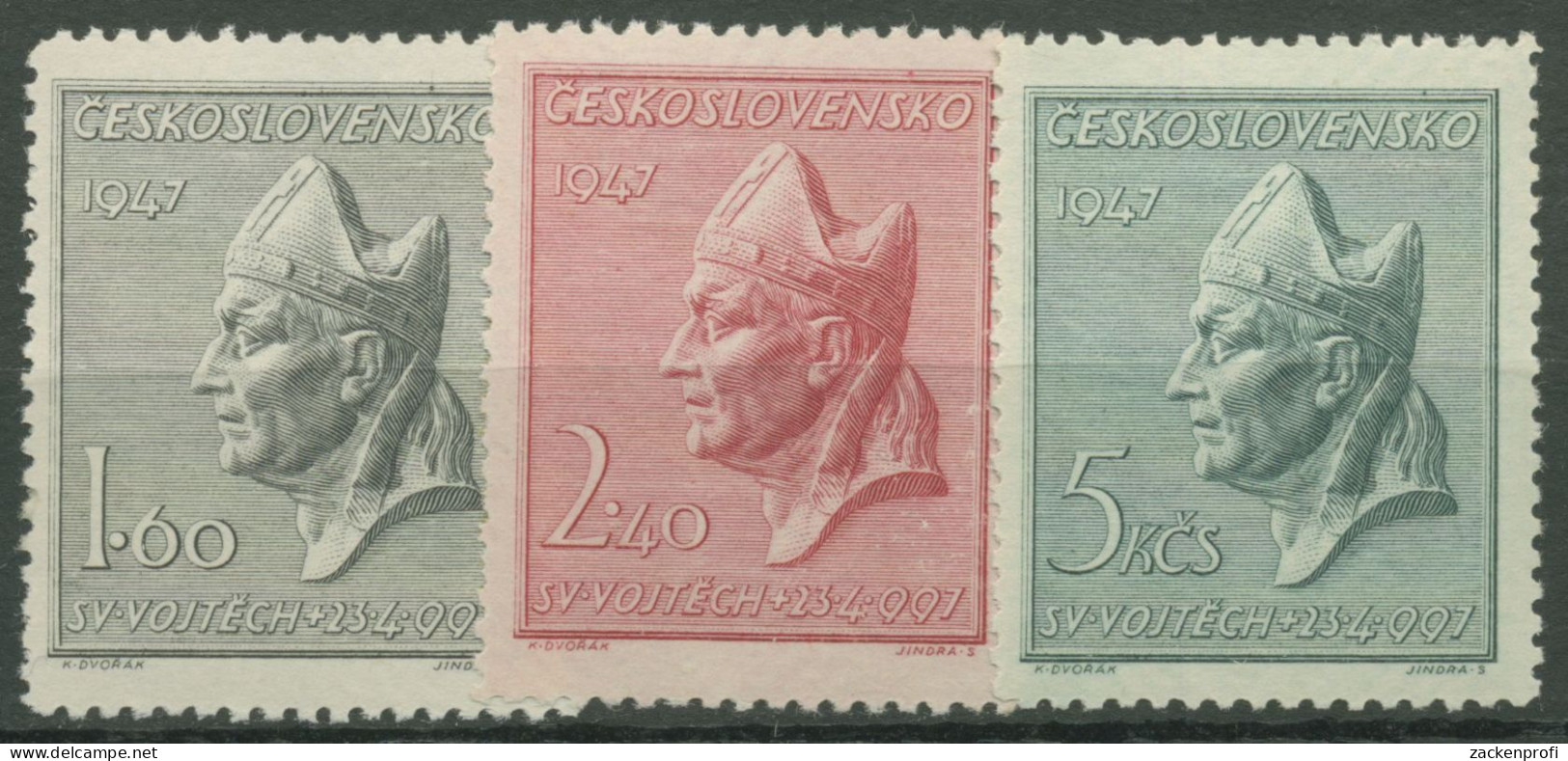 Tschechoslowakei 1947 Heiliger Adalbert 515/17 Postfrisch, Kleine Haftstelle - Unused Stamps