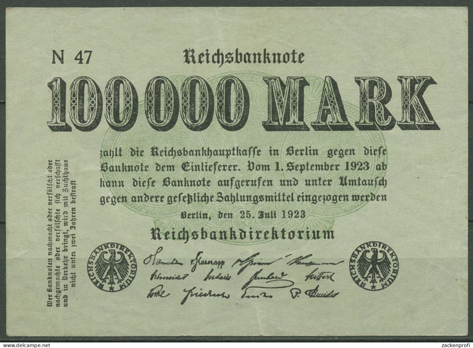 Dt. Reich 100000 Mark 1923, DEU-102b FZ N, Gebraucht (K1327) - 100000 Mark