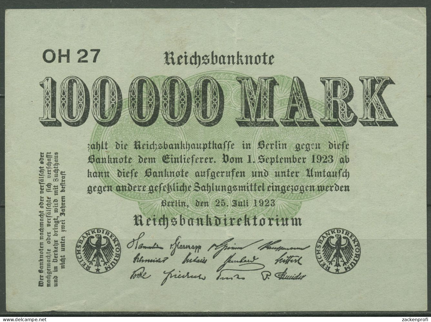 Dt. Reich 100000 Mark 1923, DEU-102b FZ OH, Leicht Gebraucht (K1329) - 100000 Mark