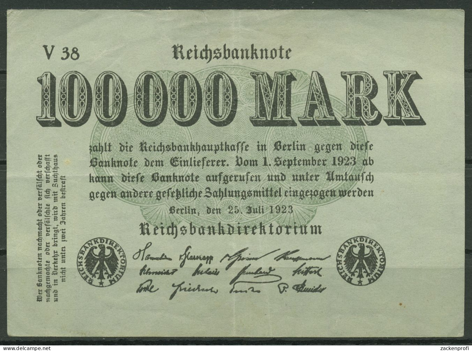 Dt. Reich 100000 Mark 1923, DEU-102b FZ V, Gebraucht (K1326) - 100.000 Mark