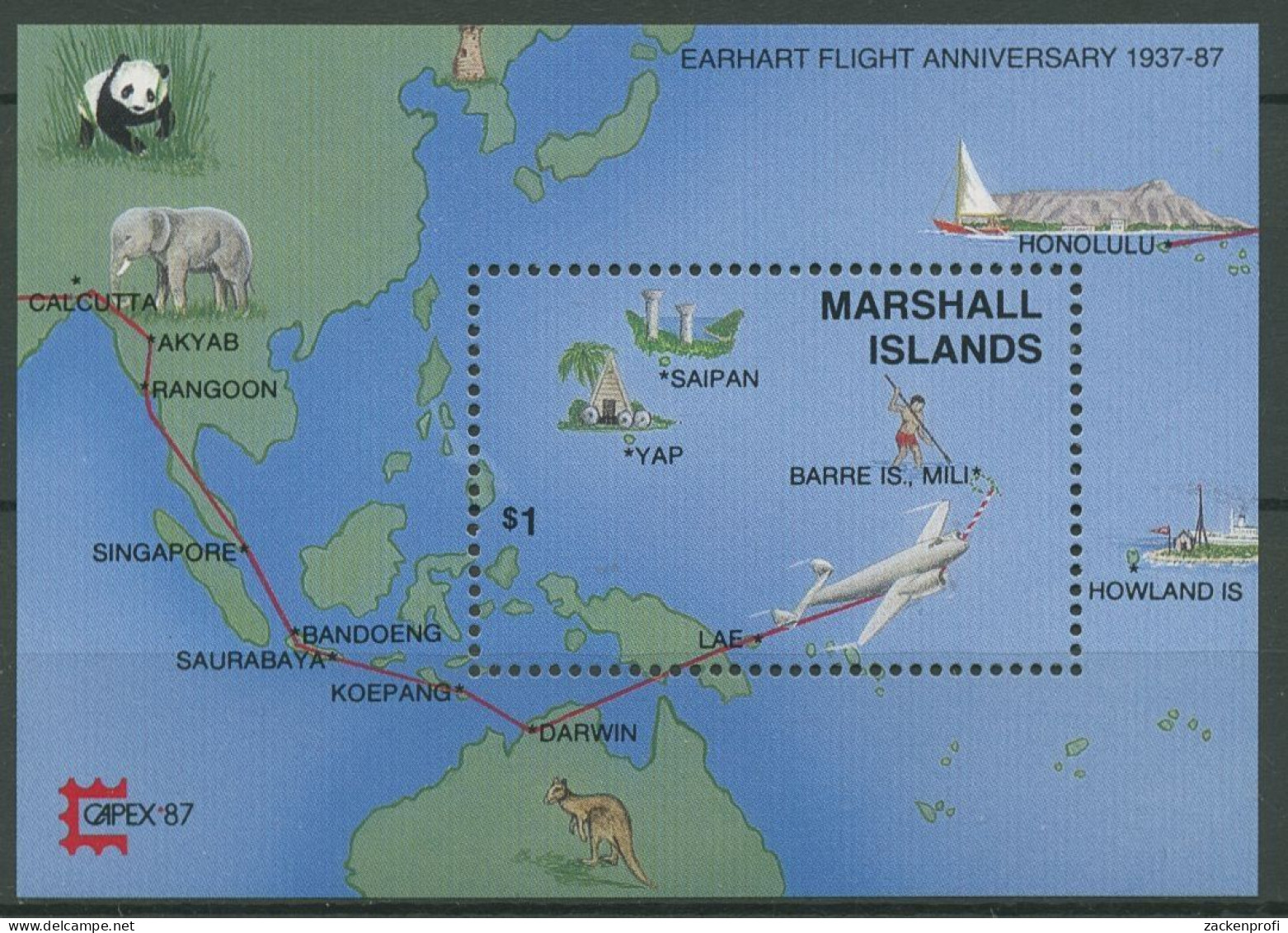 Marshall-Inseln 1987 A. Earharts Flug Um Die Welt Block 3 Postfrisch (C73025) - Marshall