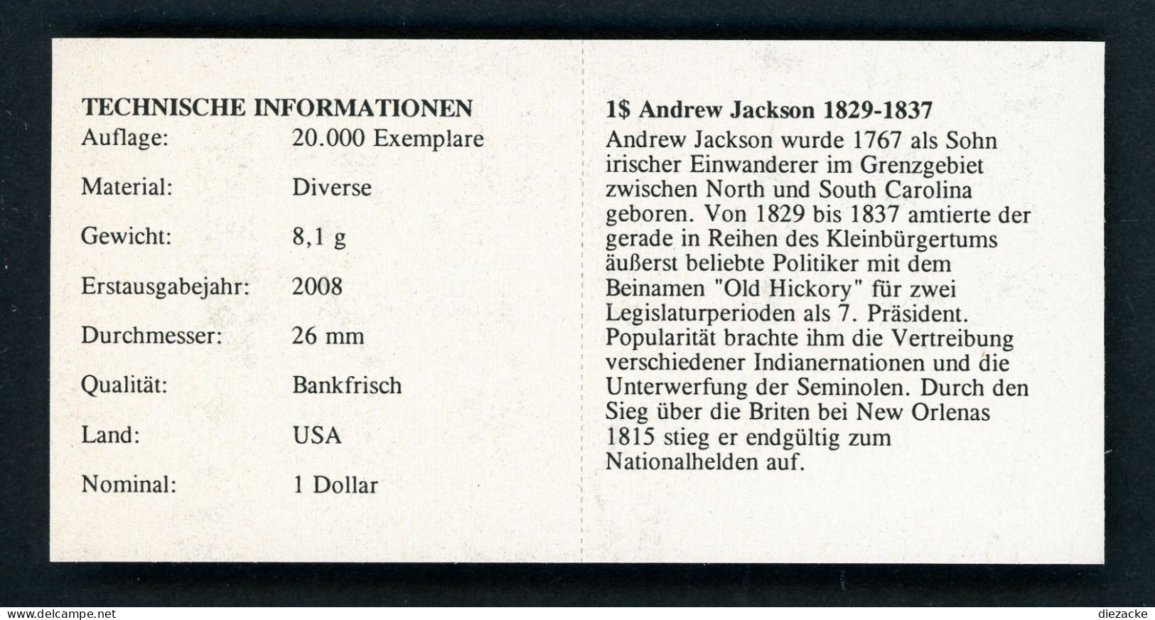 USA 2008 Presidential Dollar "Andrew Jackson" In Hartbox, Zertifikat (M4365 - Autres & Non Classés