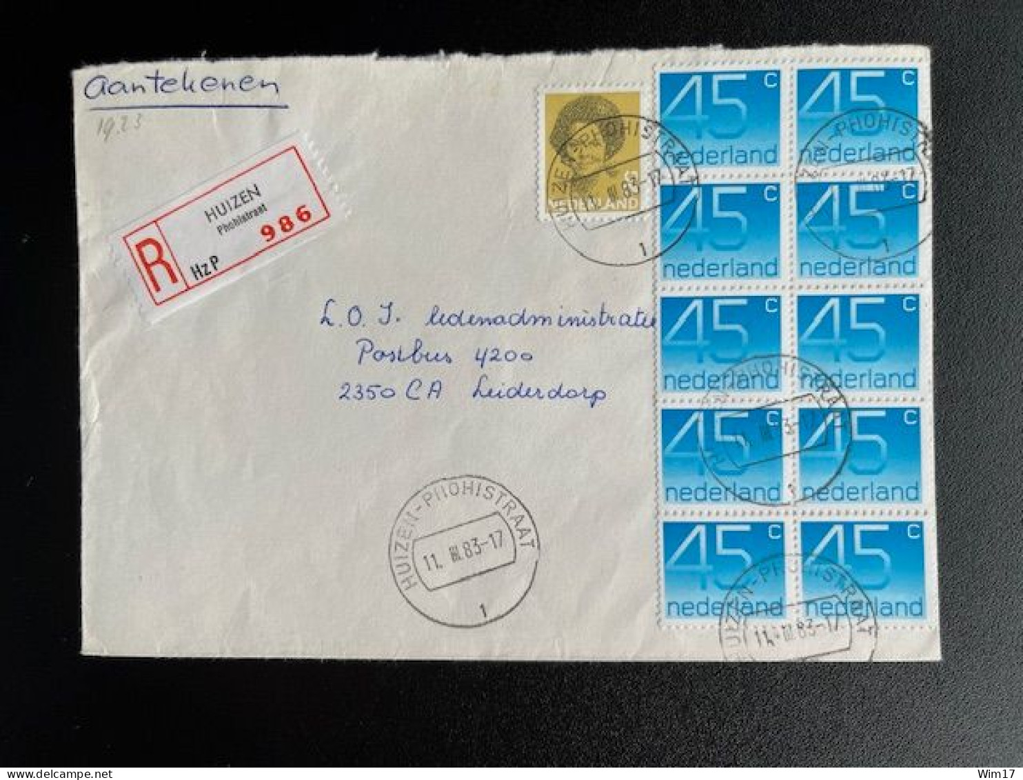 NETHERLANDS 1983 REGISTERED LETTER HUIZEN PHOHISTRAAT TO LEIDERDORP 11-03-1983 NEDERLAND AANGETEKEND - Lettres & Documents