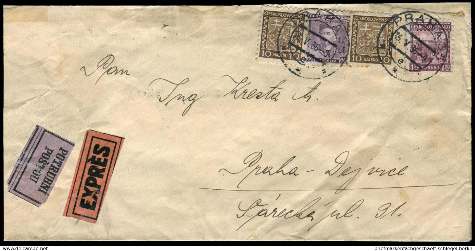 Tschechoslowakei, 1936, 2 X 1 K./ 2 X 10, 60 H.+1 K, Brief - Other & Unclassified