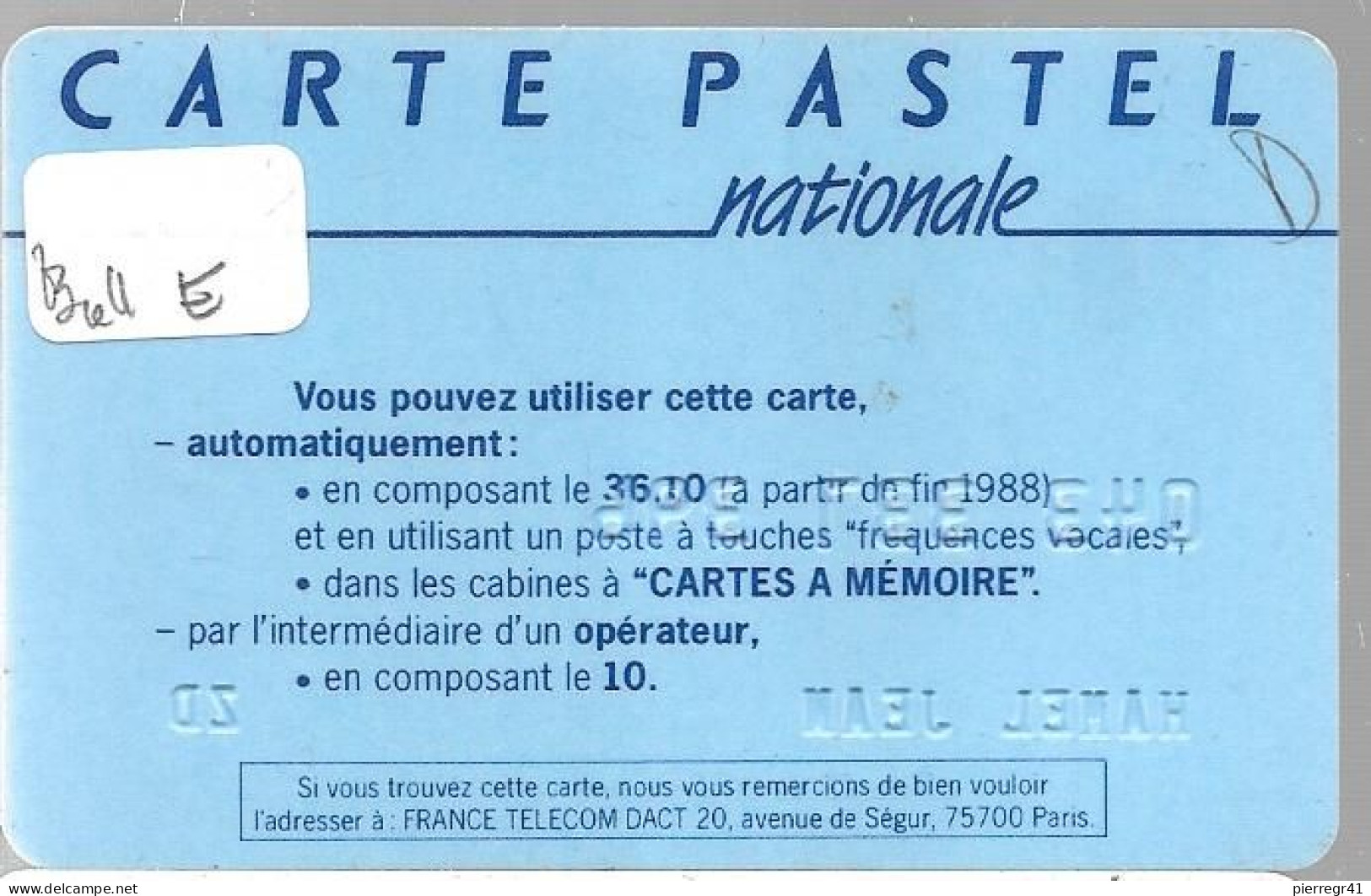 CARTE²° PUCE-BULL E-FRANCE TELECOM-PASTEL-NATIONALE- V°LE 10 / En Bas France Telecom Segur-75700-Paris-TBE - Pastel