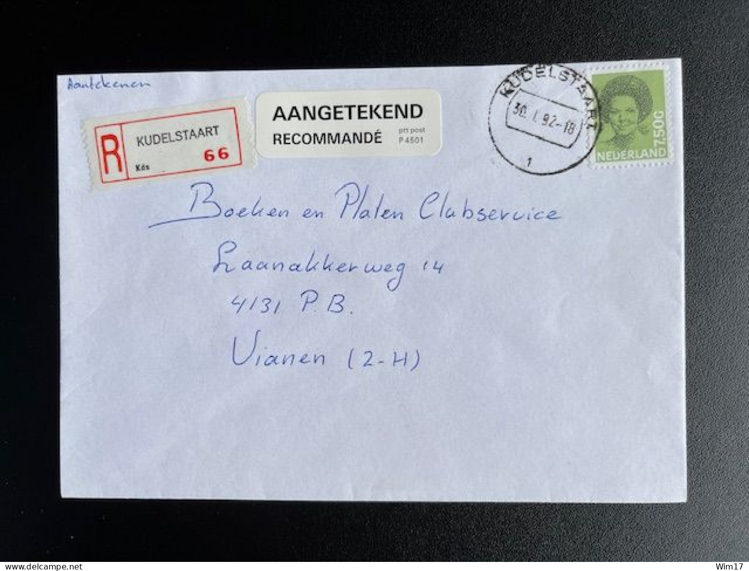 NETHERLANDS 1992 REGISTERED LETTER KUDELSTAART TO VIANEN 30-01-1992 NEDERLAND AANGETEKEND - Covers & Documents