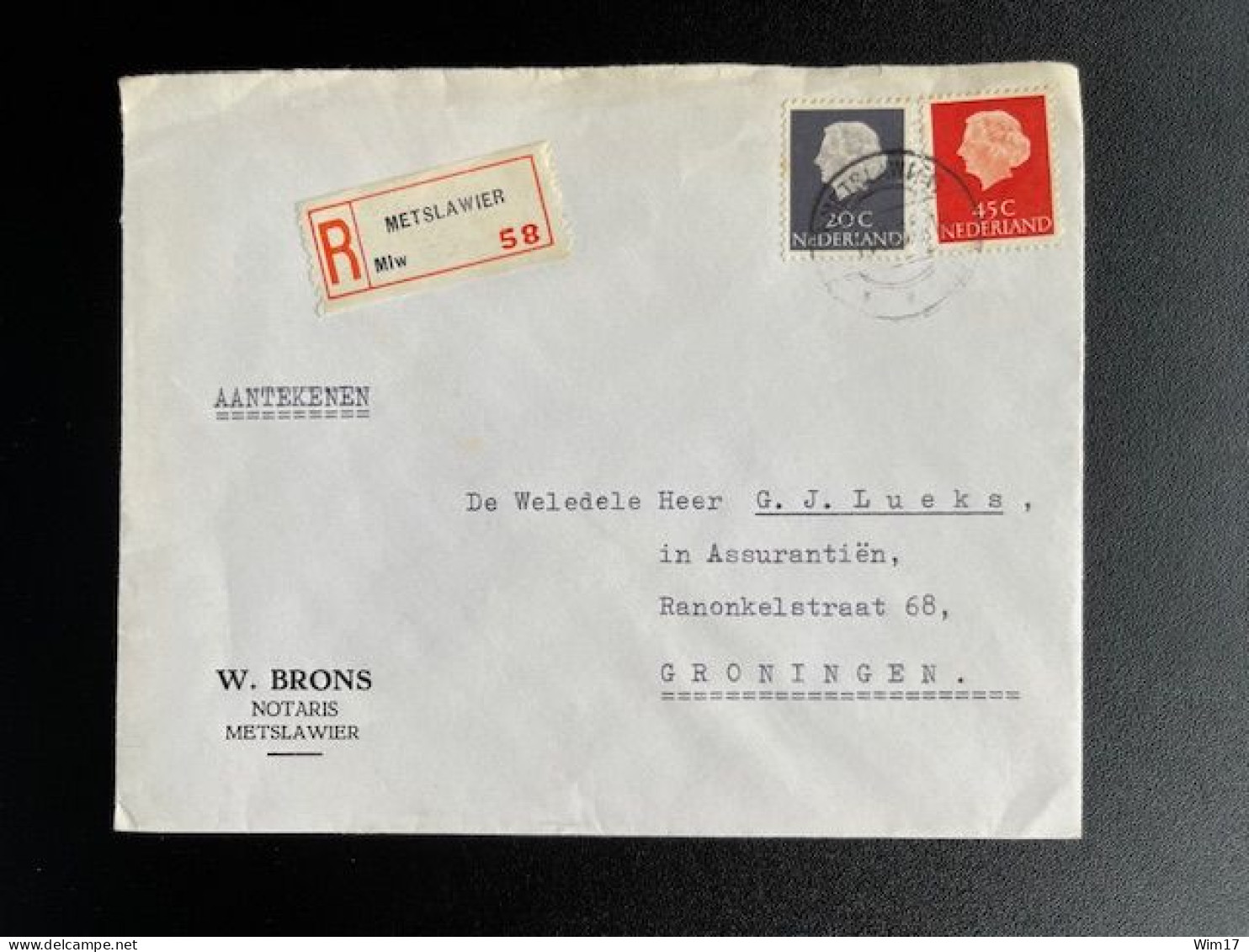 NETHERLANDS 1966 REGISTERED LETTER METSLAWIER TO GRONINGEN 01-11-1966 NEDERLAND AANGETEKEND - Brieven En Documenten