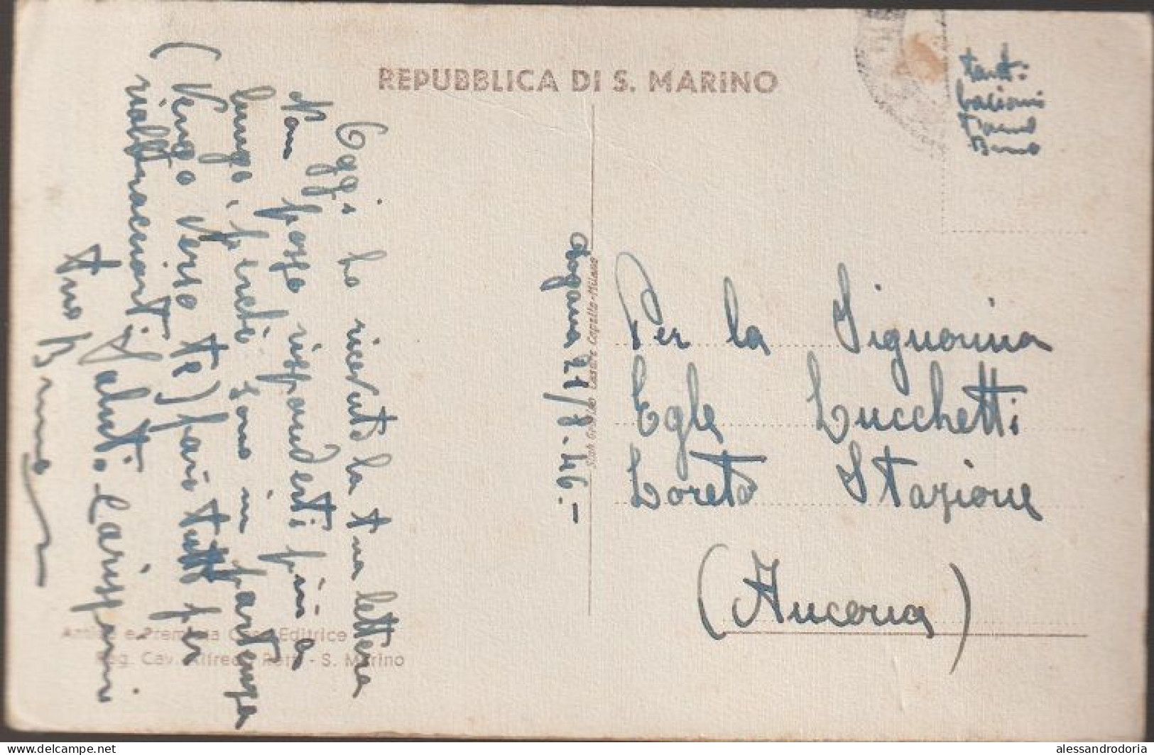 Cartolina Viaggiata Affrancata Francobollo Rimosso Repubblica Di S. Marino Seconda Torre Alt. M. 749 1946 - Saint-Marin