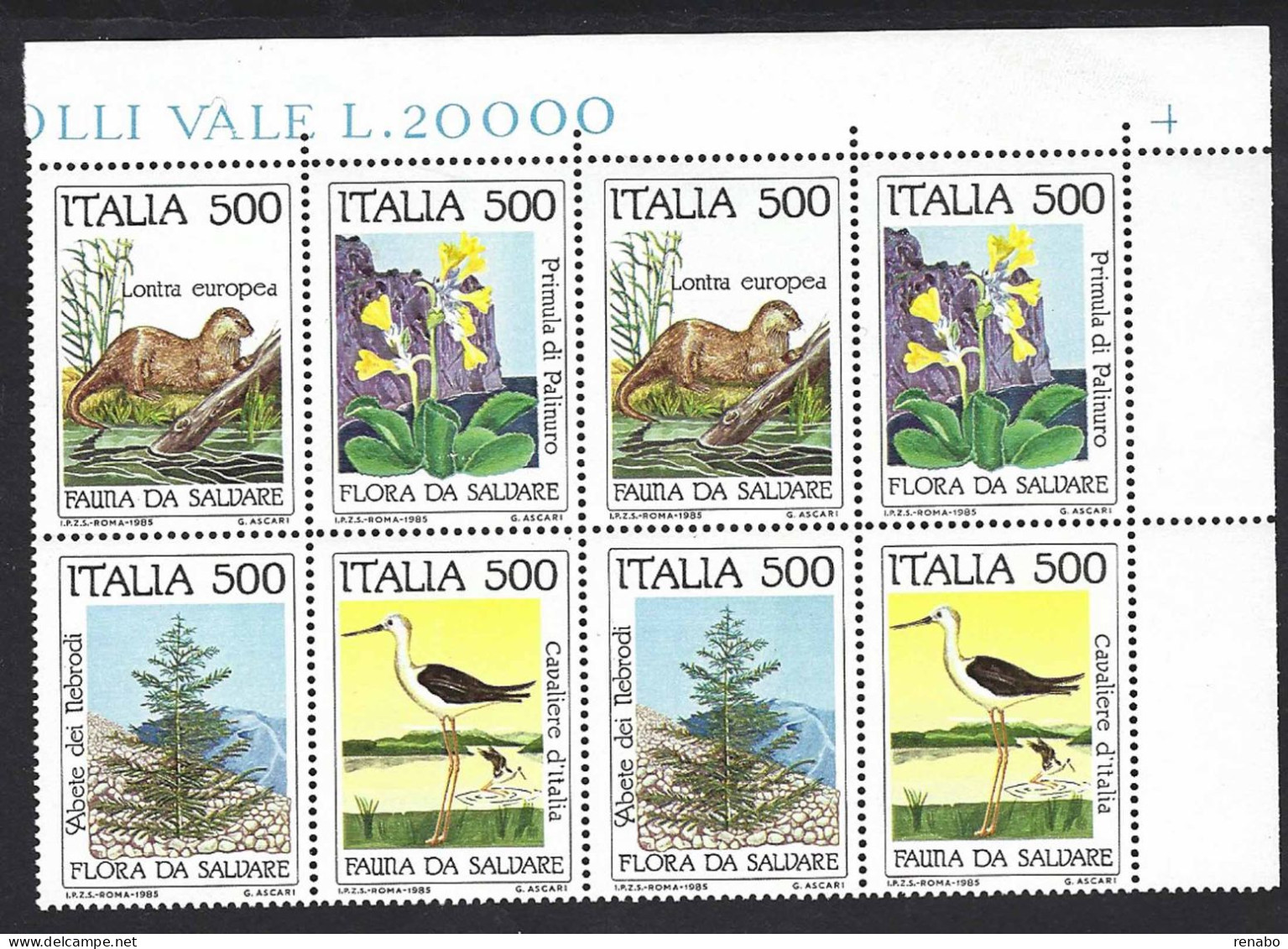 Italia 1985; Salvaguardia Della Natura: Flora E Fauna ; Blocco Di Angolo Superiore Formato Da Due Serie Complete. - 1981-90: Nieuw/plakker