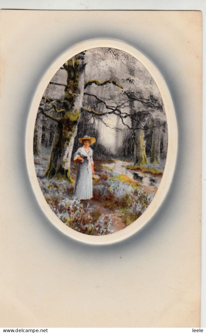 DB52. Vintage Greetings Postcard.  Lady Walking In The Woods. - Trees