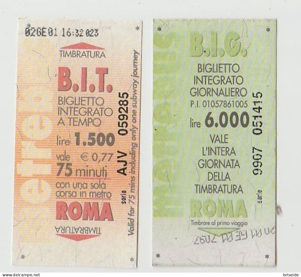 N. 2 BIGLIETTI INGRESSO METROPOLITANA ROMA B.I.T. B.I.G. 2001 - Europe