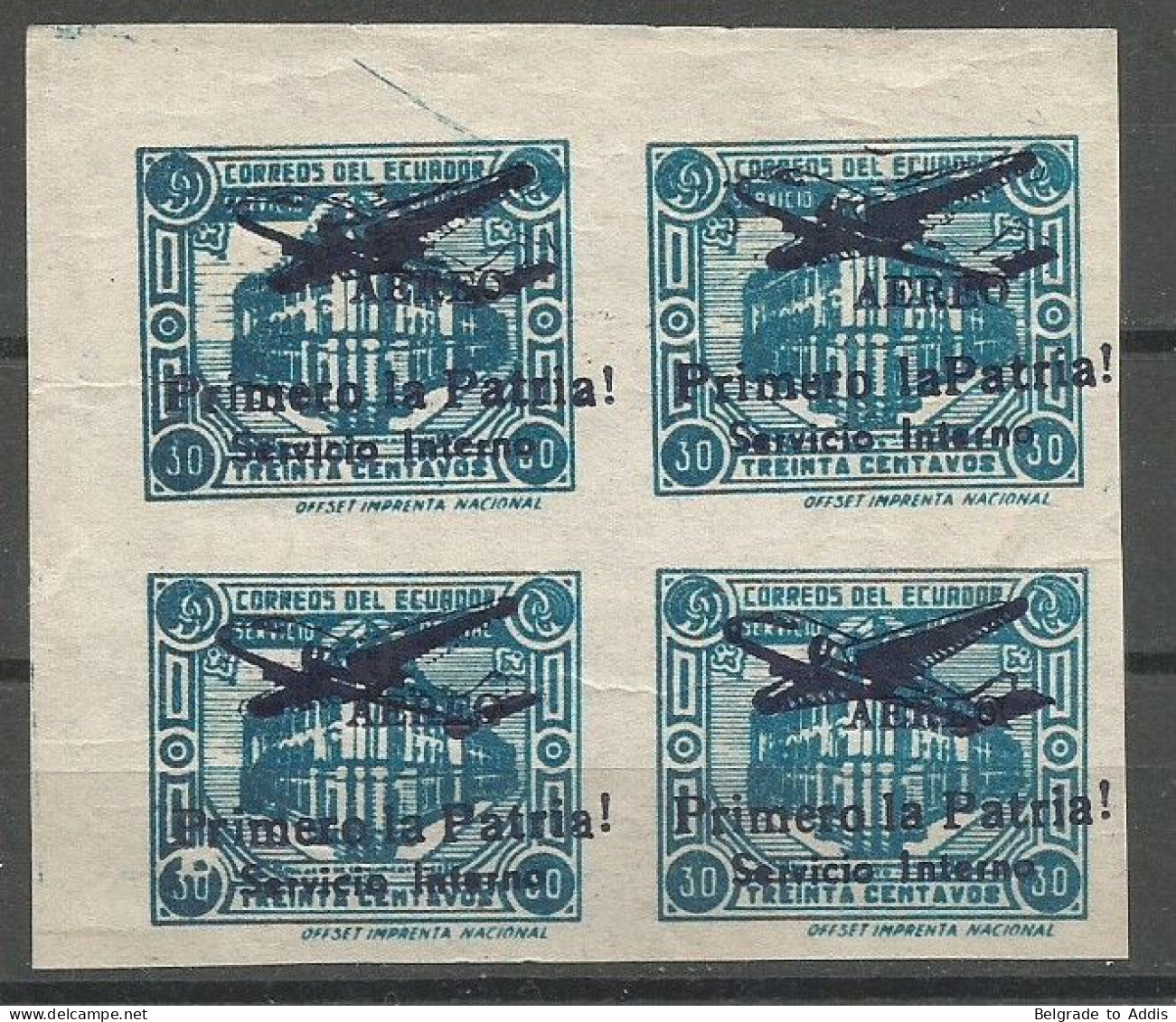 Ecuador Sanabria 207e Airmail 1947 IMPERFORATED Block Of 4 MNG Ith Plate Flaw In Overprint "LaPatria" + "Circle" On 30 - Ecuador