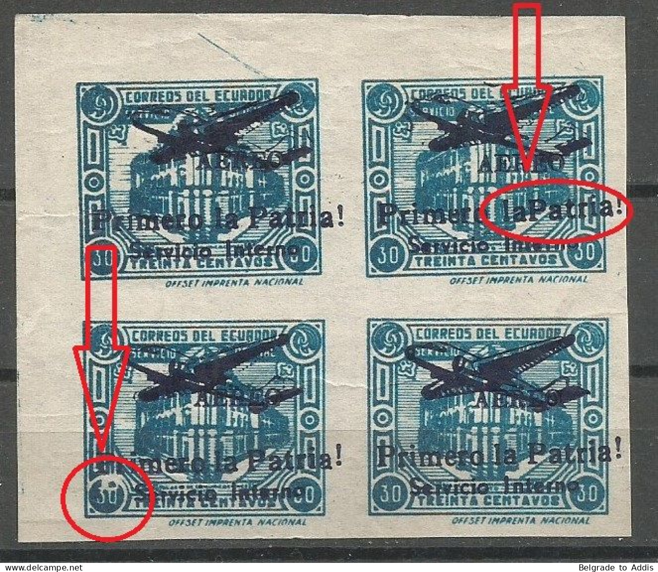 Ecuador Sanabria 207e Airmail 1947 IMPERFORATED Block Of 4 MNG Ith Plate Flaw In Overprint "LaPatria" + "Circle" On 30 - Ecuador