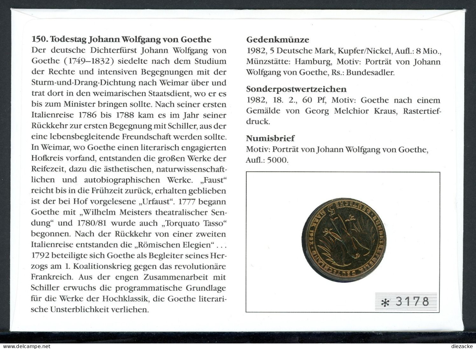 Bund 1987 Numisbrief Mi 5 DM Von Goethe, Worbes 149 (Num038 - Ohne Zuordnung