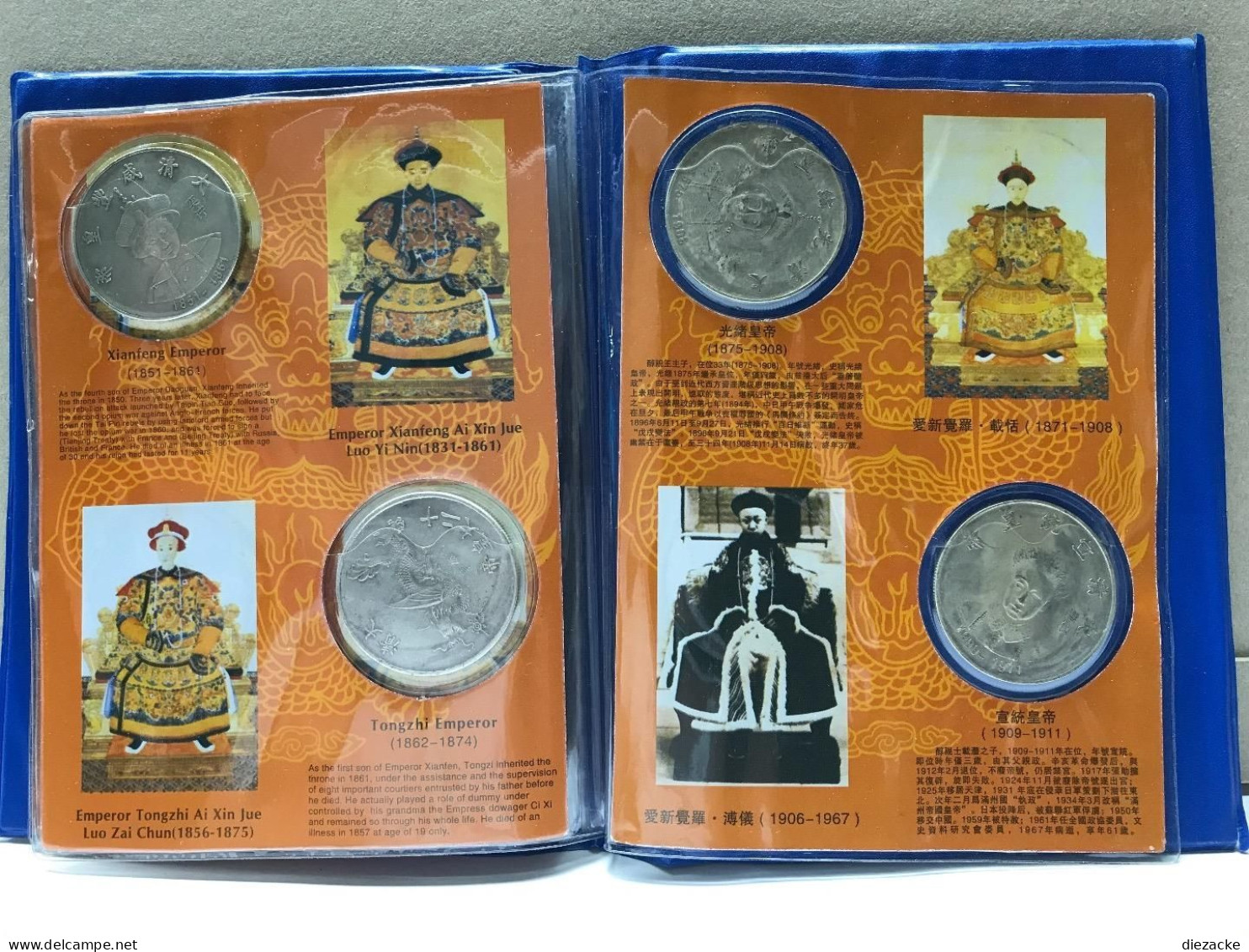 China 12 Münzrepliken Kupfer versilbert „Qing Dynasty 12 emperors“ (MD559