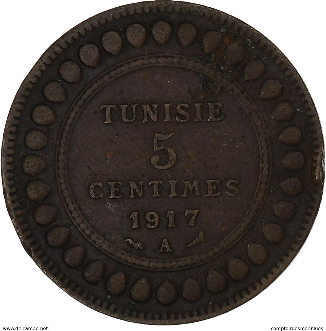 Tunisie, Muhammad Al-Nasir Bey, 5 Centimes, 1917, Paris, Bronze, TTB, KM:235 - Túnez