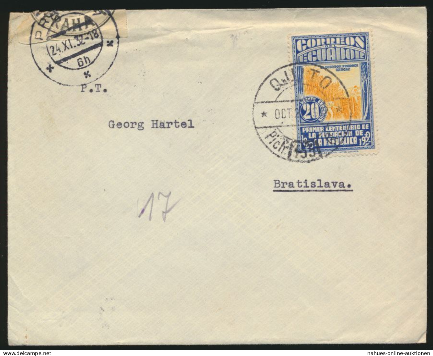 Ecuador Zensur Brief Nach Bratislava Slowakei 24.11.1932 - Ecuador