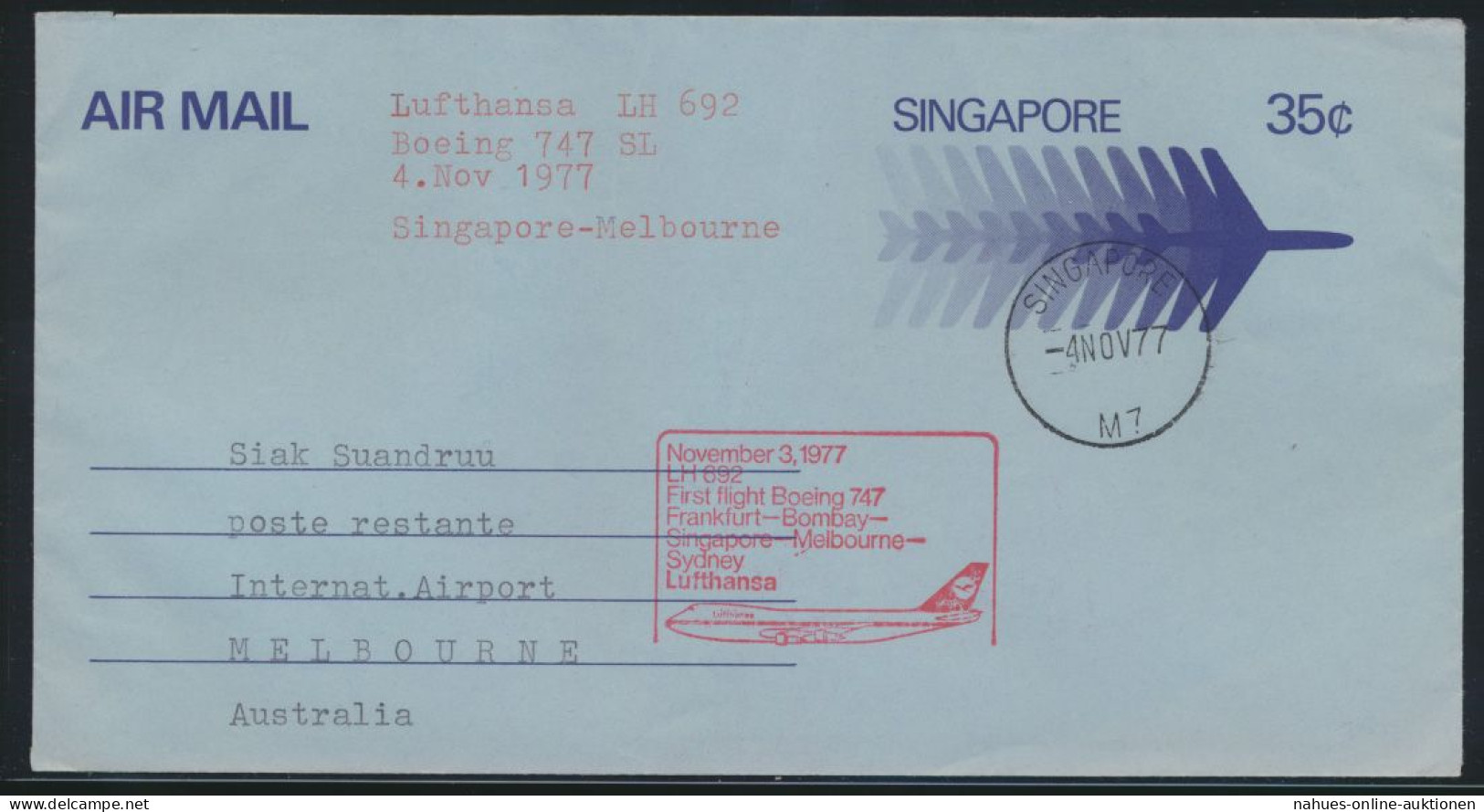 Singapore - Melbourne Flugpost Brief Lufthansa LH 692 Mit Attr. Abbildung - Singapur (1959-...)