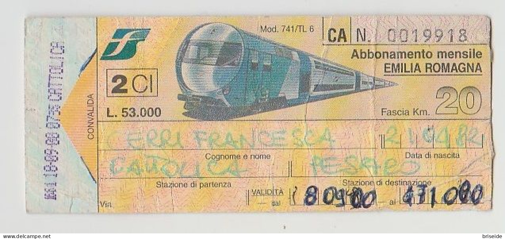 ABBONAMENTO FERROVIE DELLO STATO MENSILE TRENO EMILIA ROMAGNA ANNO 2000 - Europe