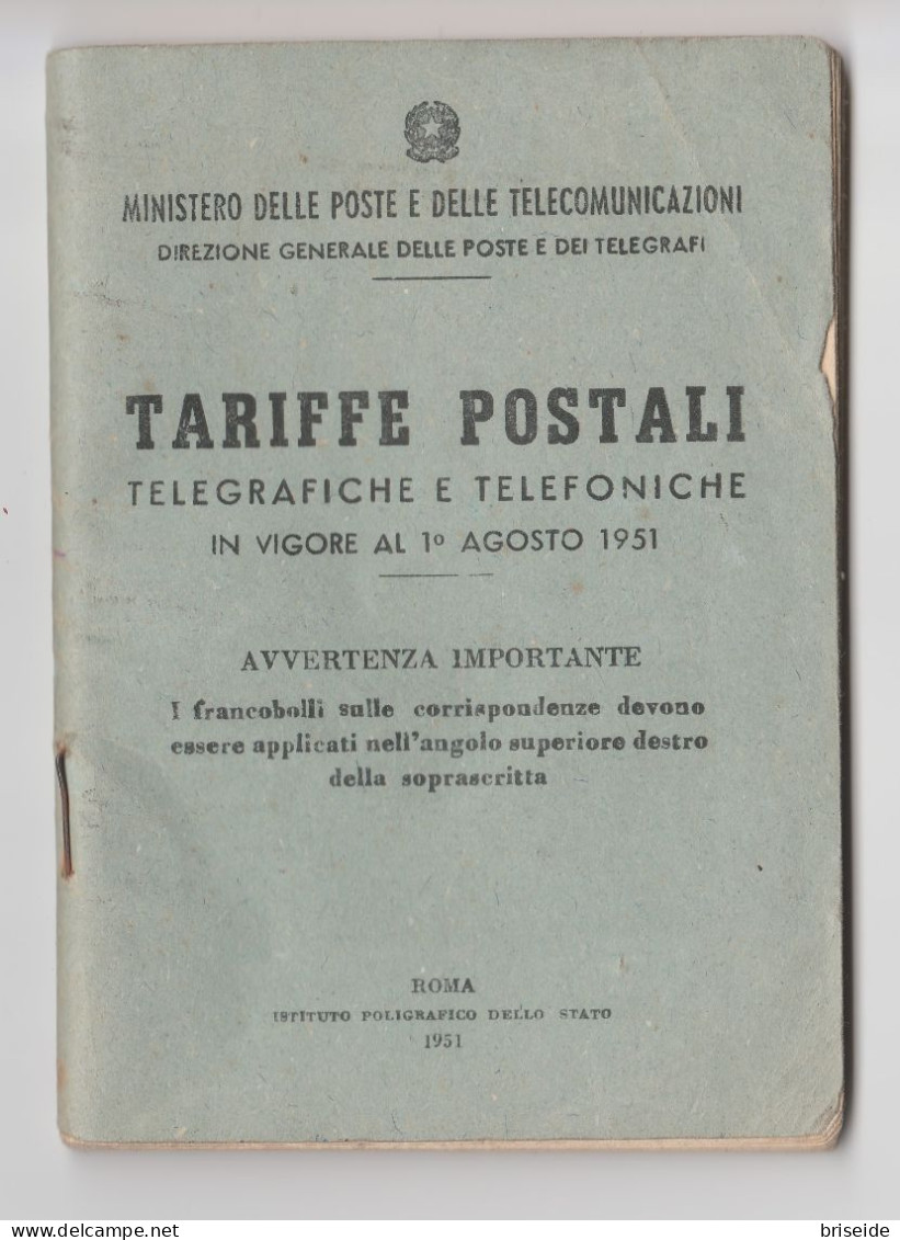 MINISTERO DELLE POSTE E TELECOMUNICAZIONI TARIFFE POSTALI TELEGRAFICHE E TELEFONICHE 1951 FRANCOBOLLI CORRISPONDENZA - Sonstige & Ohne Zuordnung