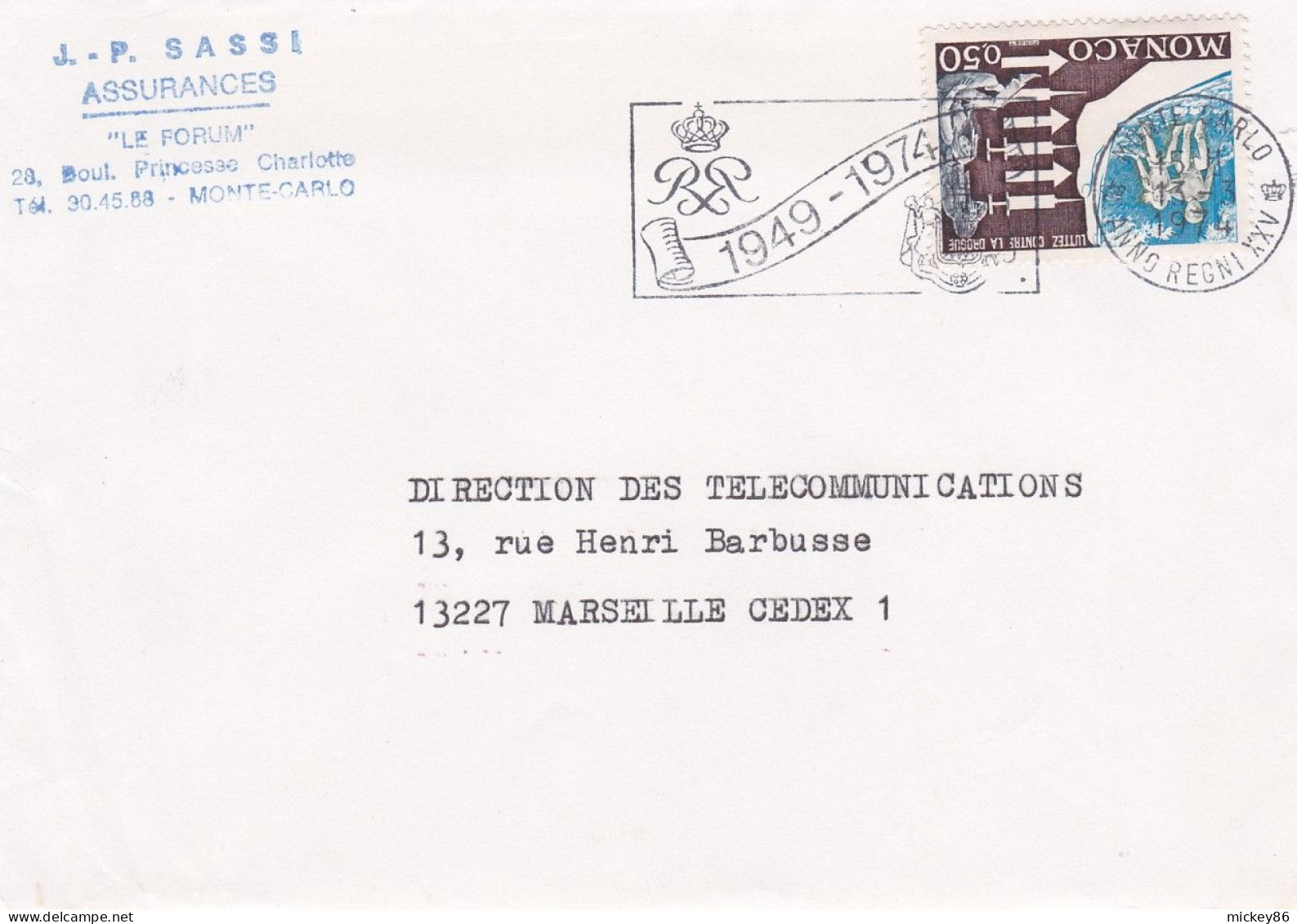 MONACO-1974-lettre De Monte-Carlo Pour MARSEILLE-13 ...timbre " Lutte Contre La Drogue" Seul Sur Lettre.........cachet - Covers & Documents