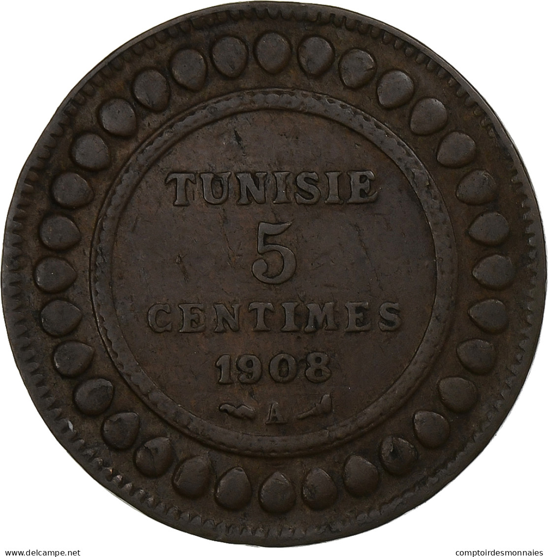 Tunisie, Muhammad Al-Nasir Bey, 5 Centimes, 1908, Paris, Bronze, TTB, KM:235 - Tunesien