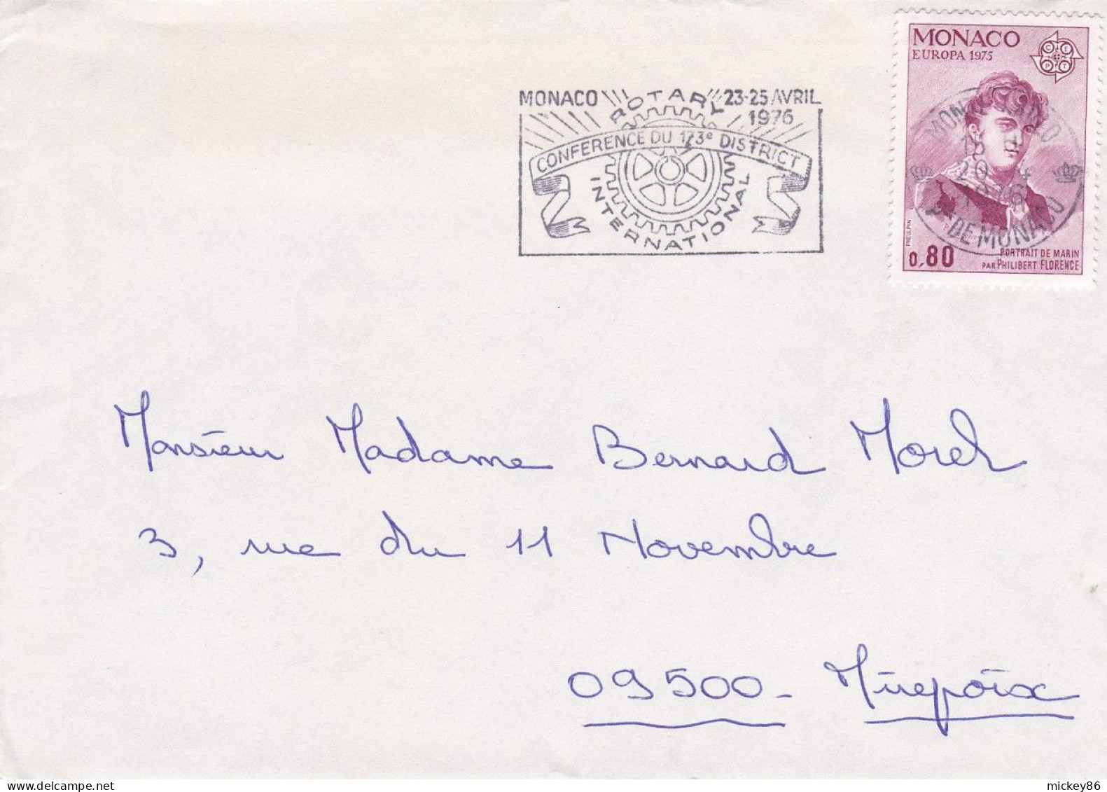 MONACO - 1976 - Lettre De MONTE-CARLO  Pour MIREPOIX-09 ...timbre EUROPA  Seul Sur Lettre..cachet Rotary - Storia Postale