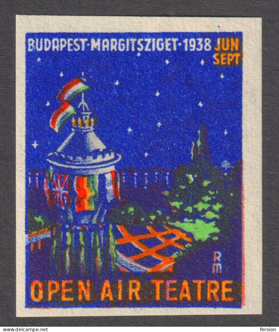 Open Air Theatre TEATRE Water Tower FLAGS Budapest Margit ISLAND Danube Hungary 1938 LABEL CINDERELLA LABEL - Theatre