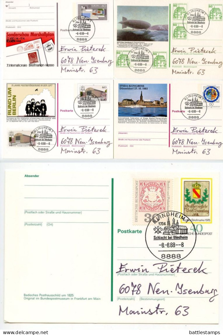 Germany, West 1988 5 Different Postal Cards With Blindheim -8.-8.88-8 Date, 8888 Postcode Postmarks - Geïllustreerde Postkaarten - Gebruikt