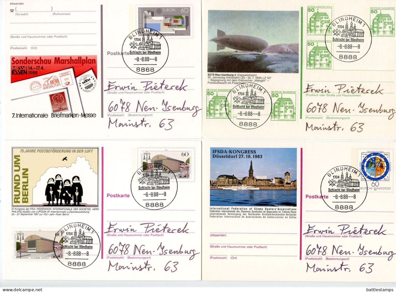 Germany, West 1988 5 Different Postal Cards With Blindheim -8.-8.88-8 Date, 8888 Postcode Postmarks - Illustrated Postcards - Used