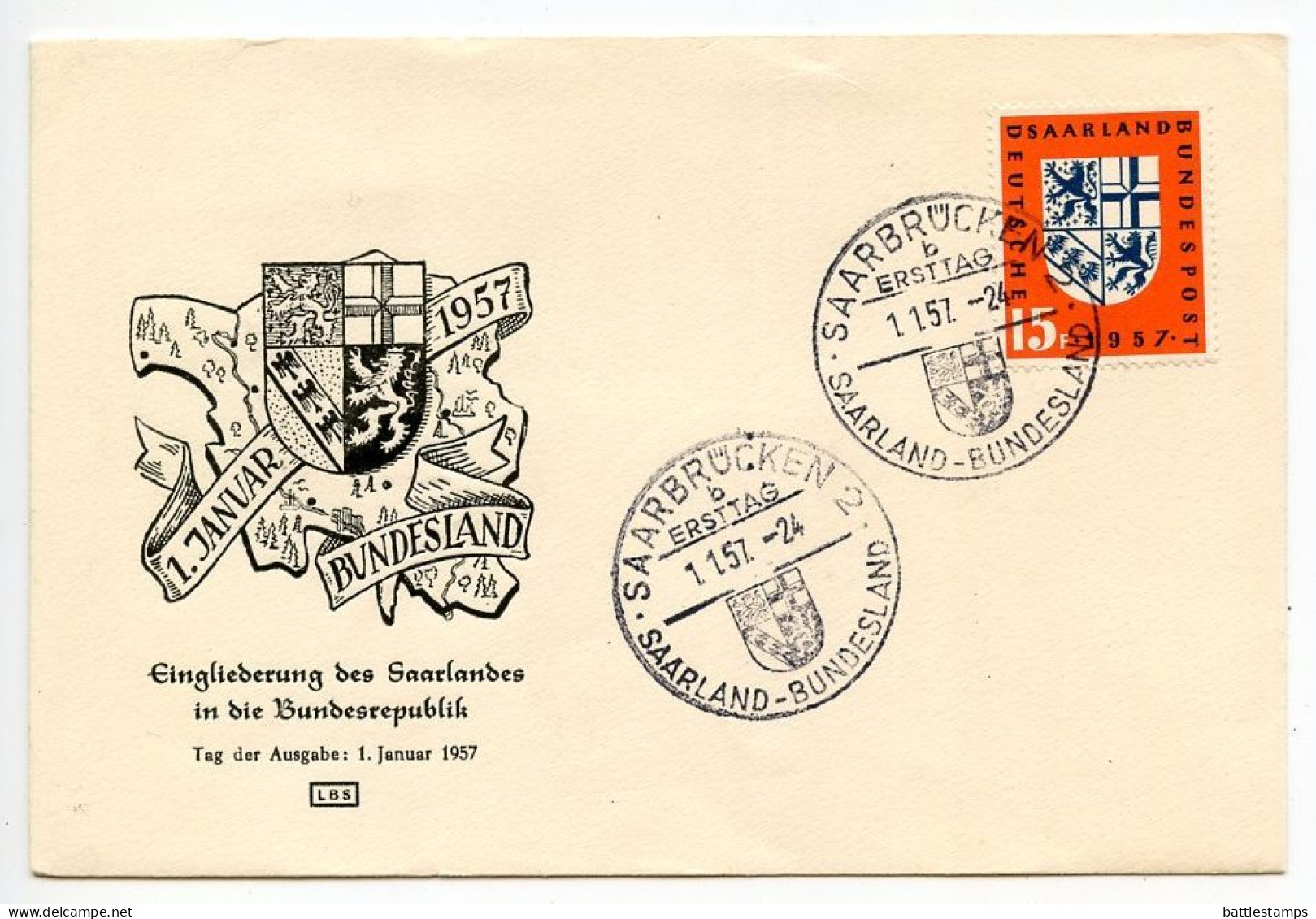 Saar 1957 FDC Scott 262 - Arms Of Saar, Return Of Saar To Germany - FDC