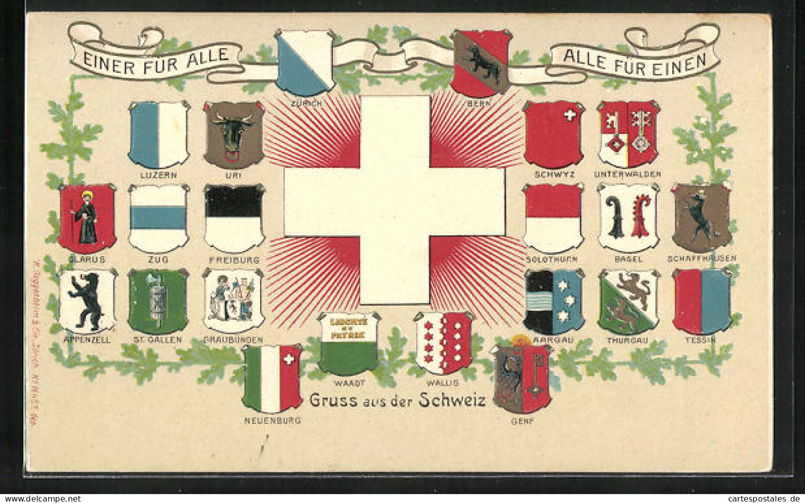 Präge-AK Einer Für Alle, Alle Für Einen, Wappen Schweizer Städte Wie Luzern, Bern, Zürich  - Genealogy