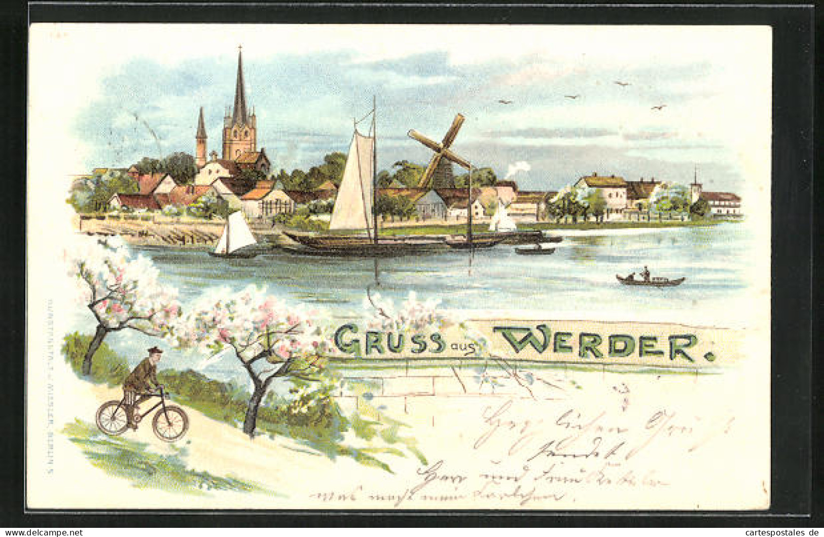 Lithographie Werder, Uferpartie Mit Windmühle, Segelboot Und Radfahrer  - Werder