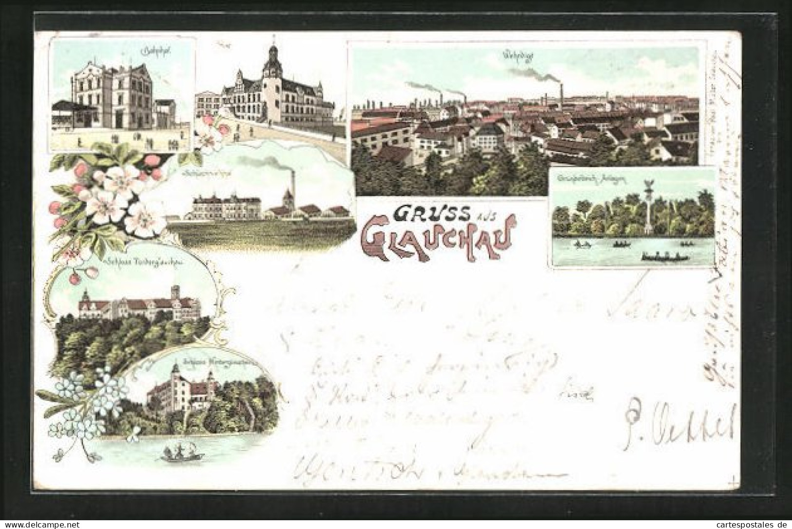 Lithographie Glauchau, Bahnhof, Post, Schlachtviehhof, Schlösser  - Glauchau