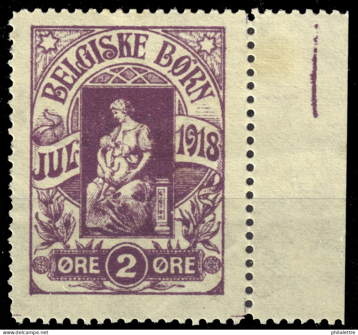 DANEMARK / DENMARK - Christmas 1918 - 2øre Purple "BELGISKE BØRN" (Belgian Children) Charity Stamp (marked NORGE On Gum) - Weihnachten