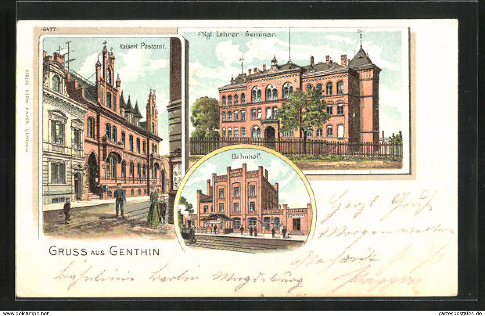 Lithographie Genthin, Kaiserliches Postamt, Kgl. Lehrer-Seminar, Bahnhof  - Genthin