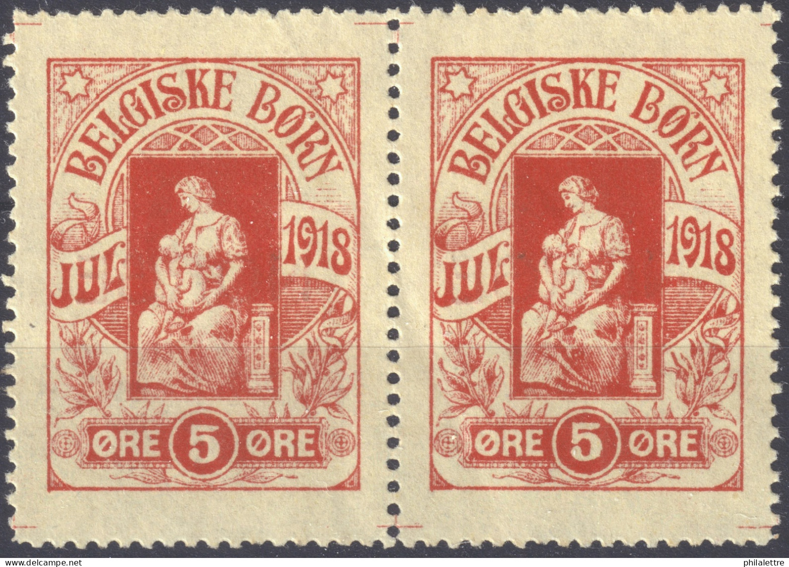 DANEMARK / DENMARK - Christmas 1918 - Pair 5øre "BELGISKE BØRN" (Belgian Children) Charity Stamp (marked NORGE On Gum) - Natale