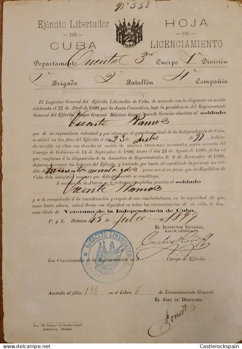 V. Hip C O) 1897 CUBA, REGISTRATION OF CONTRACT FOR PAYMENT - LICENSE AS A PARTICIPANT IN THE LIBERATION ARMY - VETERAN - Altri & Non Classificati