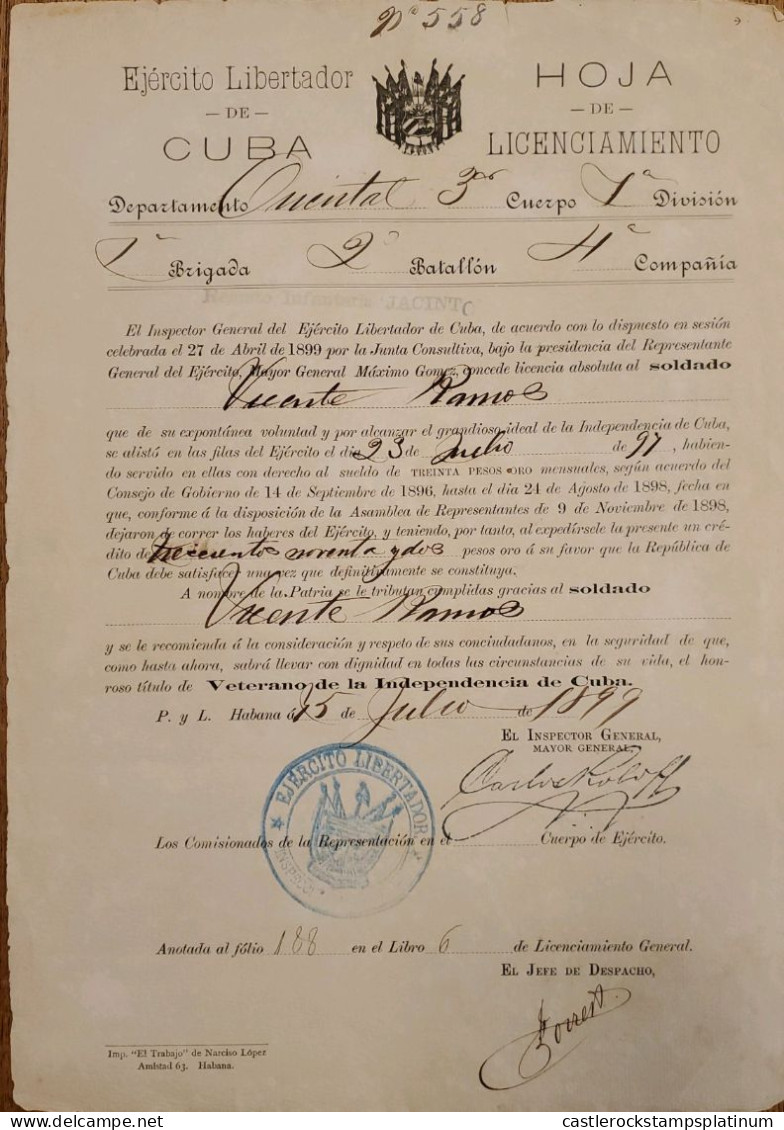 V. Hip C O) 1897 CUBA, REGISTRATION OF CONTRACT FOR PAYMENT - LICENSE AS A PARTICIPANT IN THE LIBERATION ARMY - VETERAN - Other & Unclassified